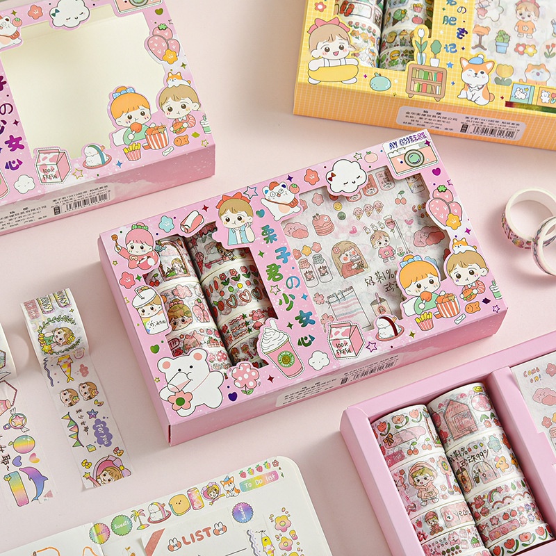Hộp 20 món washi tape + sticker nhiều hình cute dễ thương, băng dính washi tape trang trí sổ tay đẹp mắt CREAMY