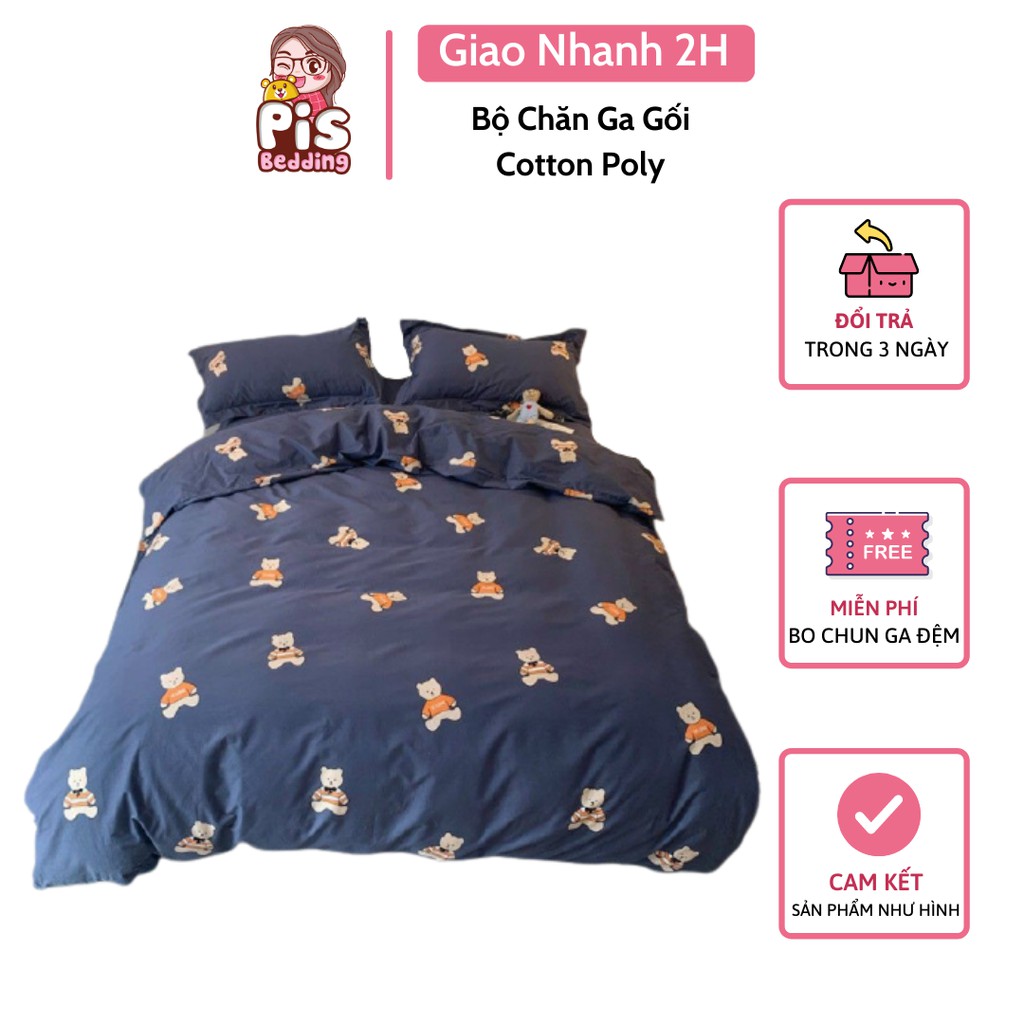 Bộ Chăn Ga Gối Cotton Poly Gấu Nâu Xanh