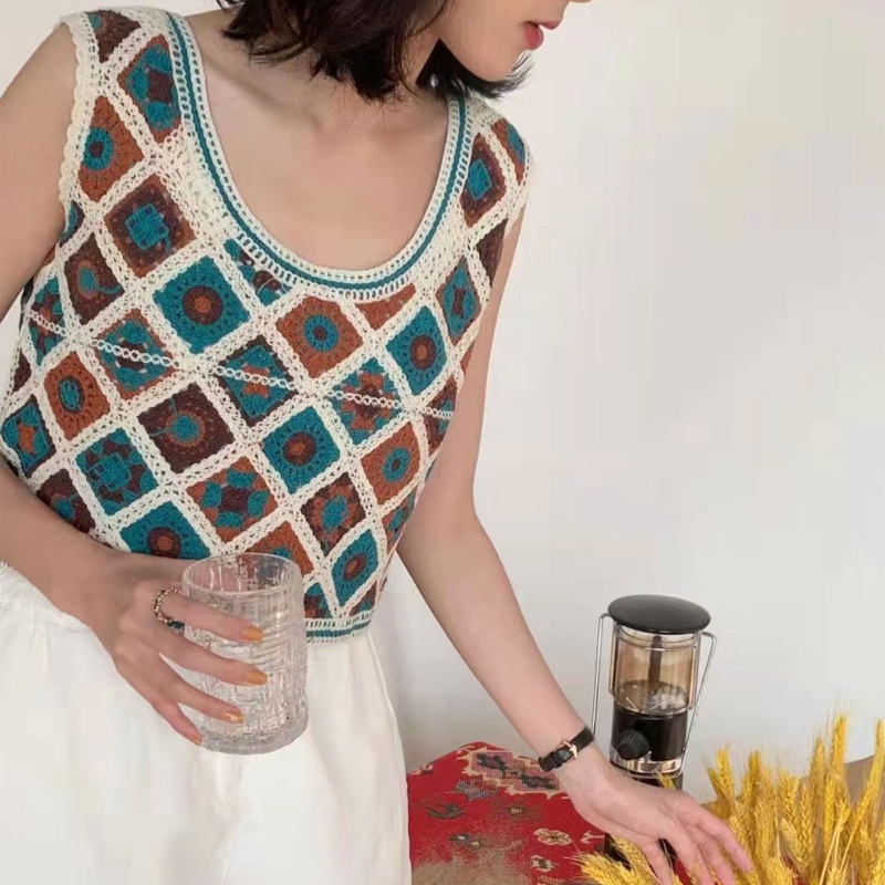 Brroa Áo Croptop Dệt Kim Không Tay Thêu Họa Tiết Kim Cương Tương Phản Thời Trang Mùa Hè Cho Nữ