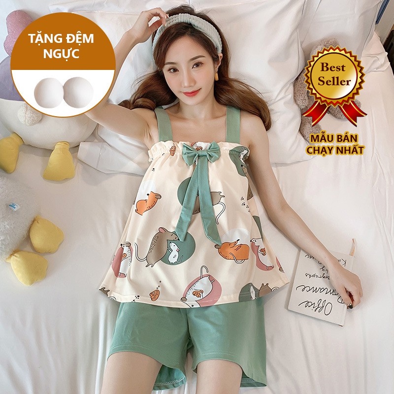 Bộ Ngủ 2 Dây Cotton Thun Sữa Mềm Mịn Tặng Kèm Mút Ngực BC14