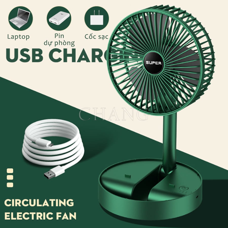 Quạt Để Bàn Gấp Gọn SUPER  , Quạt Tích Để Bàn Xoay 180 Độ 3 Tốc Độ Gió Cổng Sạc USB Cao Cấp