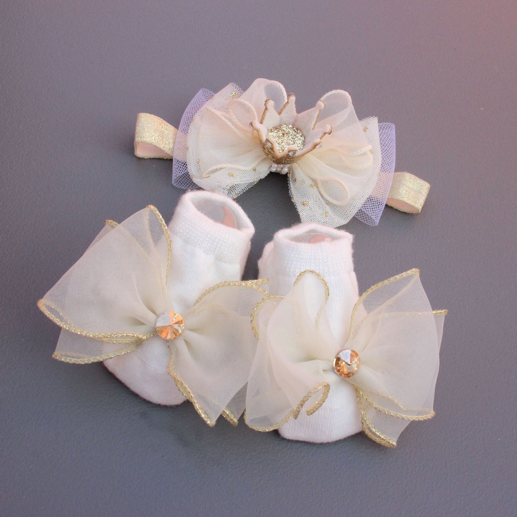 Bộ Quà Tặng Sinh Nhật Mới Sinh Gồm Băng Đô + Vớ Công Chúa Cho Bé Gái