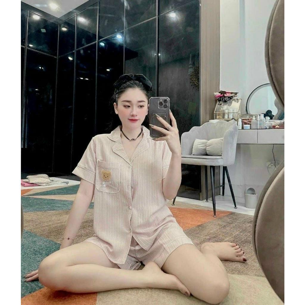 Bộ mặc nhà nữ bộ pyjama mặc hè cộc tay chất đũi gân mát lạnh họa tiết hình gấu PANOSI - B81