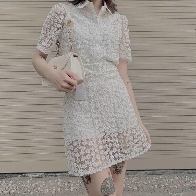 SÉT ÁO SƠ MI REN HOA + CHÂN VÁY