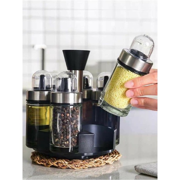 Bộ 6 hũ,lọ thuỷ tinh đựng gia vị kèm giá xoay 360 độ - hugiavithuytinh