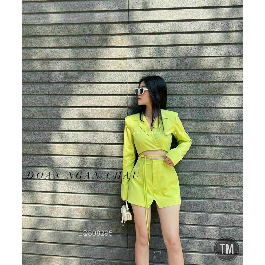 (Sale FreeShip) Sét váy nữ,áo vest tay dài from croptop đan dây eo mix chân váy from A có lót quần,chất siu cao cấp