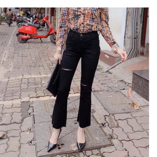 Quần jean nữ ống loe đen kèm kiểu rách pl 015 xịn