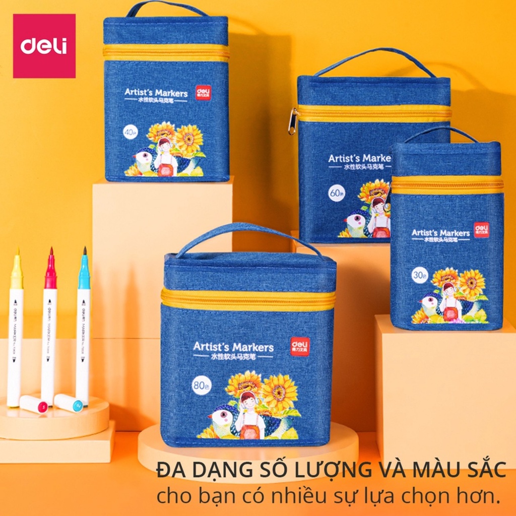 Bút màu marker 2 đầu túi vải bò - mực có thể rửa được - đầu bút brush và vát dùng để đi nét, viết caligraphy Deli 70808