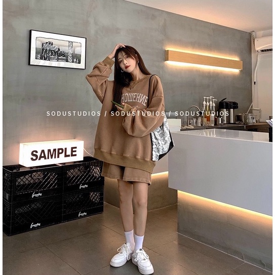 Set Áo Sweater Nỉ OTOWERE Unisex Nam Nữ Form Rộng + Quần Short Ống Rộng Ulzzang