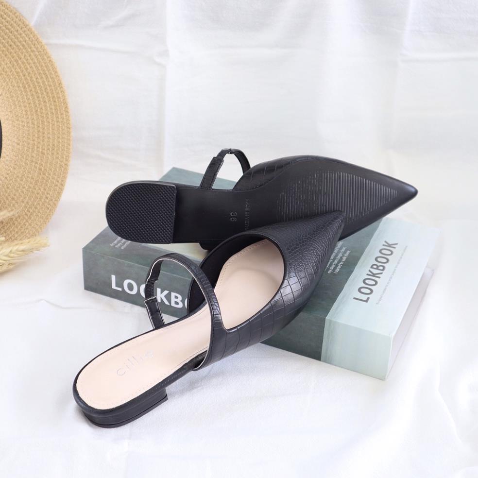 Giày sục nữ cao cấp mũi nhọn phối quai chéo độc đáo vân rắn thời trang du lịch đi chơi đi dạo cao 1cm Cillie 1101 NgN