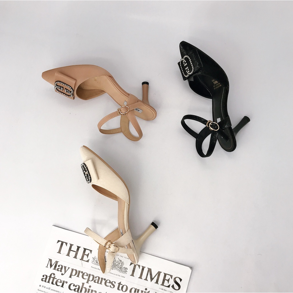 SALE HÀNG LẺ SIZE VNXK - 5069 GIÀY CAO GÓT SLINGBACK MŨI NHỌN GÓT TRÒN , KHÓA NƠ