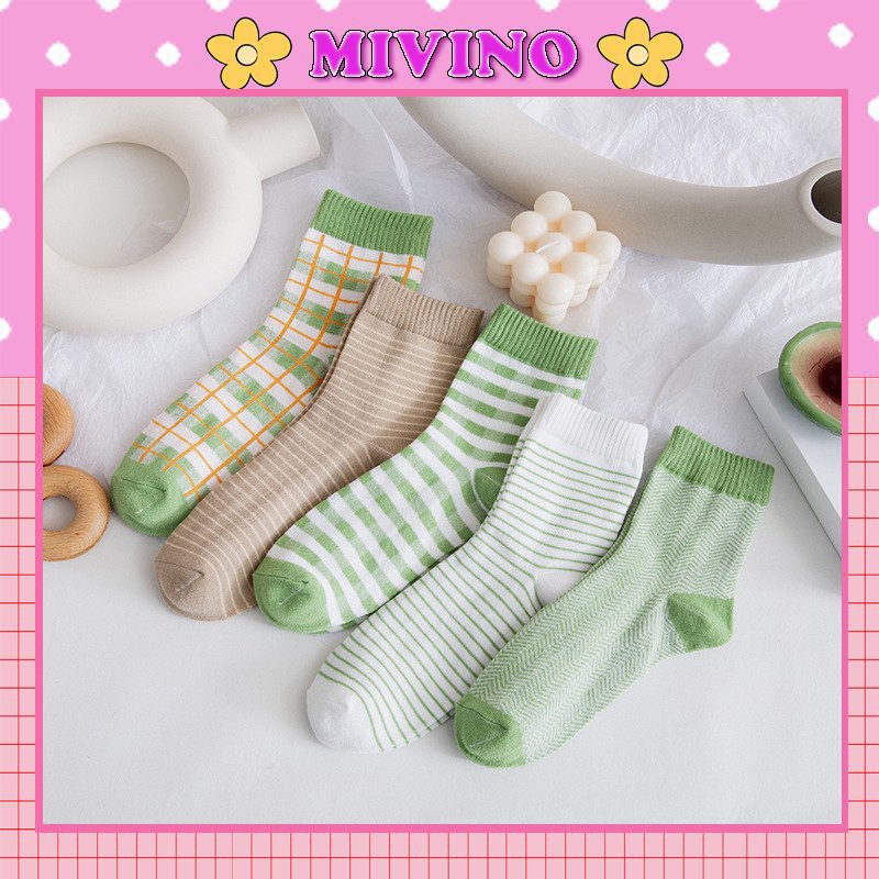 Set 5 đôi tất cổ cao Mivino vớ nữ họa tiết kẻ caro style Hàn Quốc trẻ trung TN23