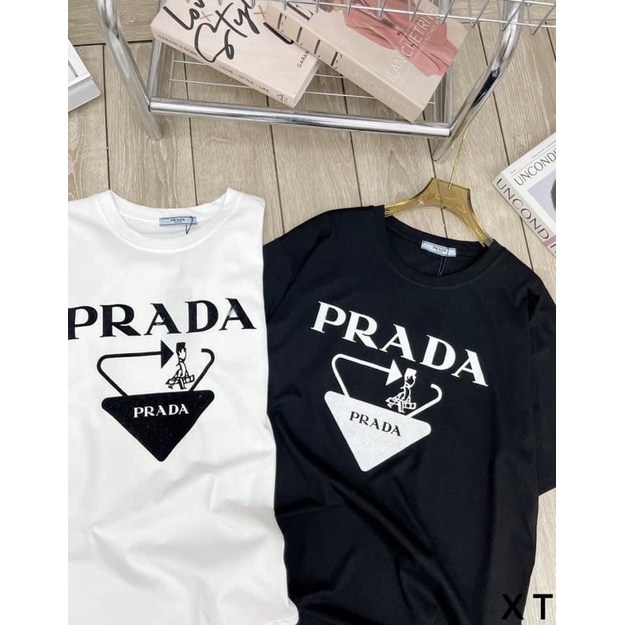 Áo thun tay lỡ PRADA cotton form rộng oversize nam nữ 2 màu đen trắng