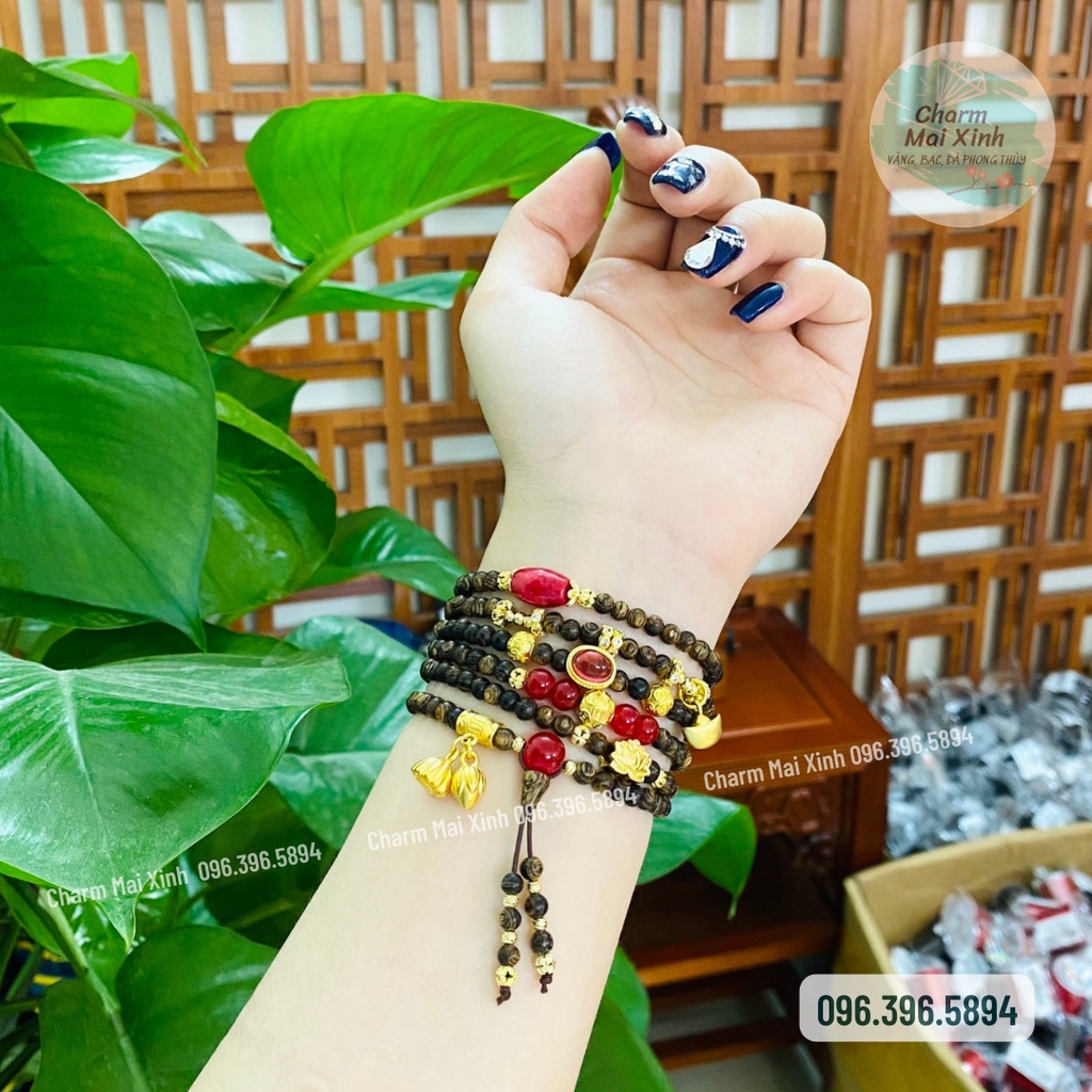 Chuỗi Trầm Hương Sánh Chìm 216 Hạt Size 4mm Phối Nhiều Charm - Vòng Tay Hoa Gỗ phong thủy tự nhiên Nam Nữ