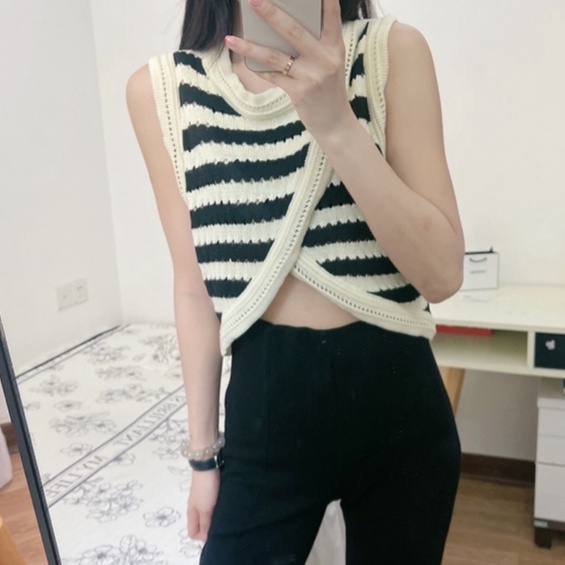 Áo dệt kim NZN không tay họa tiết kẻ sọc phong cách Hàn Quốc thời trang