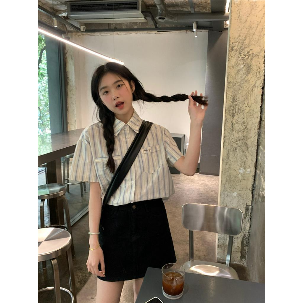 Áo Sơ Mi Kẻ Sọc Dáng Rộng Ngắn Tay Phong Cách Hàn Quốc Thời Trang Mùa Hè 6332