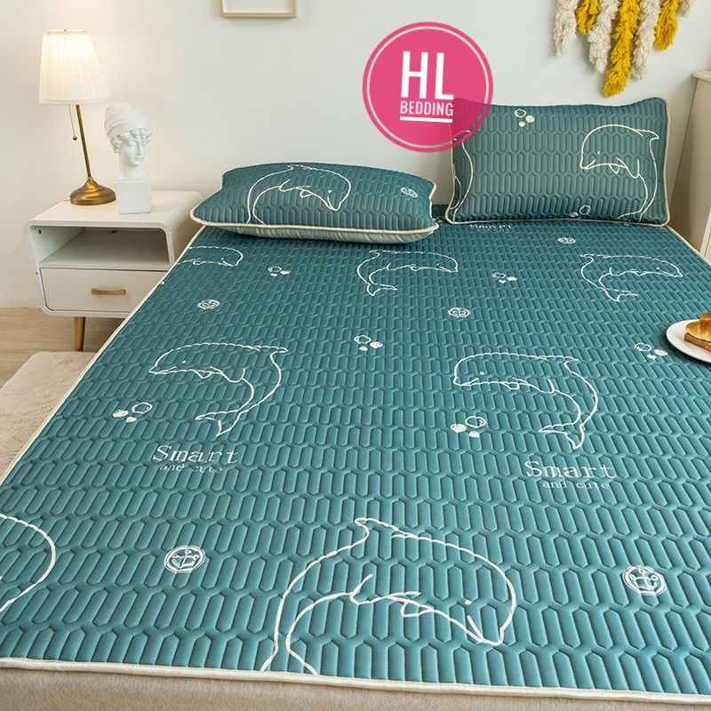 Chiếu điều hòa cao su non 5D Cá heo xanh  HL Bedding vải lụa Tencel mát cao su non Latex mềm mịn đủ kích thước m6/m8/2m2