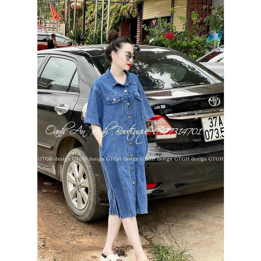 Váy bầu công sở thời trang thu đông chất liệu vải bò mặc được sau sinh cúc thật