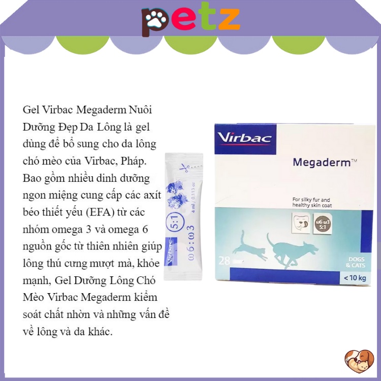 Gói Gel dinh dưỡng Virbac Megaderm 4ml giúp mượt lông chó mèo PETZ gói dinh dưỡng giúp giảm ngứa cho thú cưng