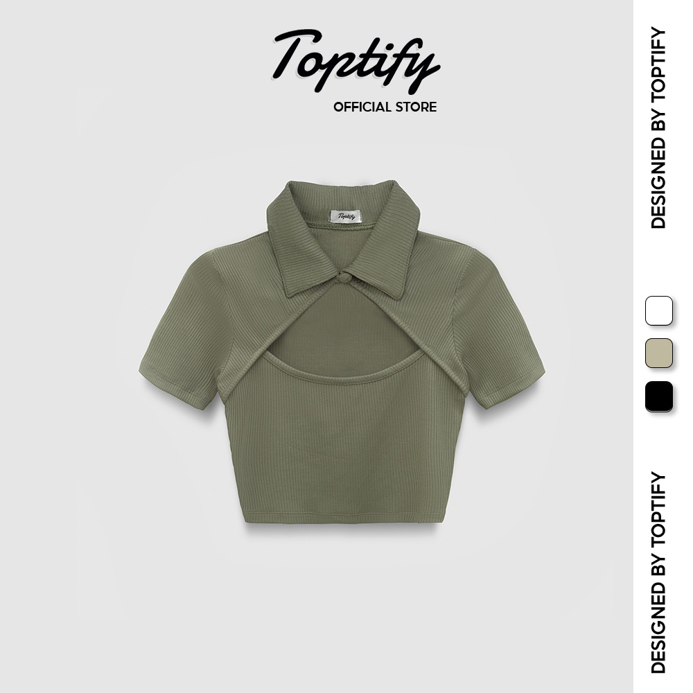 Áo croptop nữ ngắn tay khoét ngực TOPTIFY cổ bẻ đính nút Perterpan Top AC181