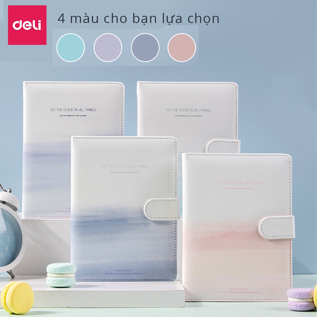 Sổ tay ghi chép Deli bìa da có nút cài 168x124mm 96 trang chống nước kẻ ngang và nhiều trang màu khác nhau giấy dày 80g