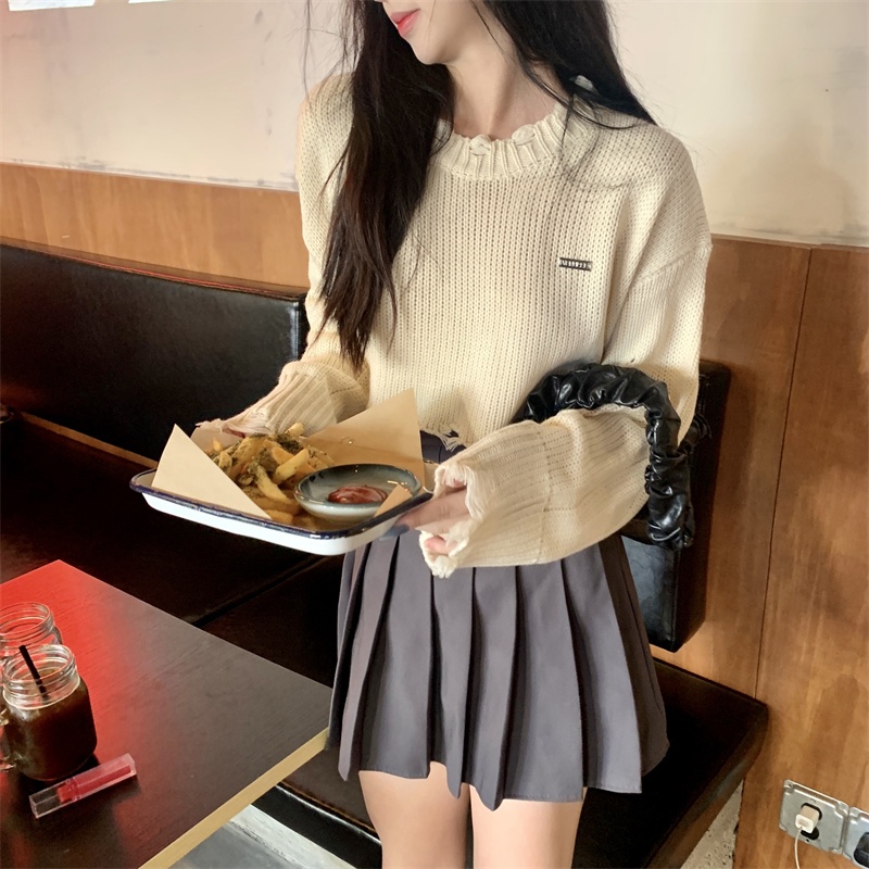 ZHELIHANGFEI Áo sơ mi dệt kim tay dài cổ cao gợi cảm - vai ngọt ngào đa năng