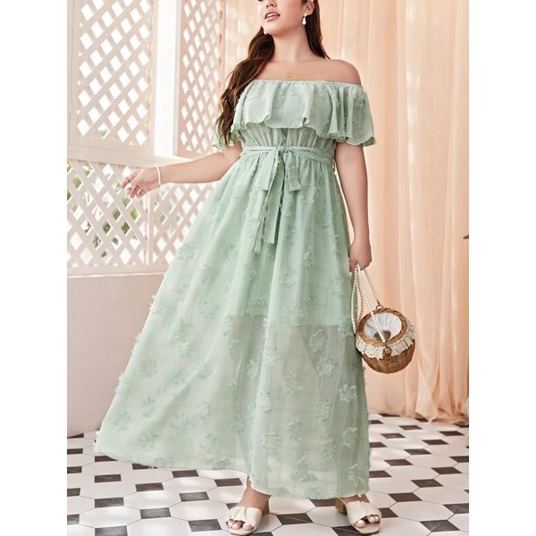 Đầm voan maxi xanh bẹt vai big size lớn 80-100kg