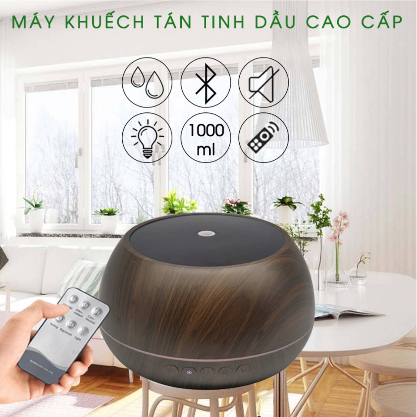 Máy Khuếch Tán Tinh Dầu Dung Tích Lớn 1000Ml - Có Đèn Led 7 Màu Tích Hợp Loa Bluetooth Nghe Nhạc