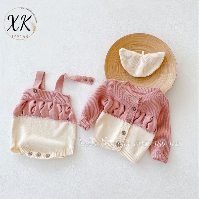 Set Bộ Bé Gái [XukaKids] Áo Khoác Cardigan và Yếm Len Cao Cấp Bé Gái Trắng Hồng Nhún Trước Ngực Len mịn dày dặn