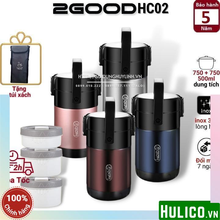 Hộp cơm giữ nhiệt 3 ngăn 2Good HC02 - 2 lít - Tặng túi xách