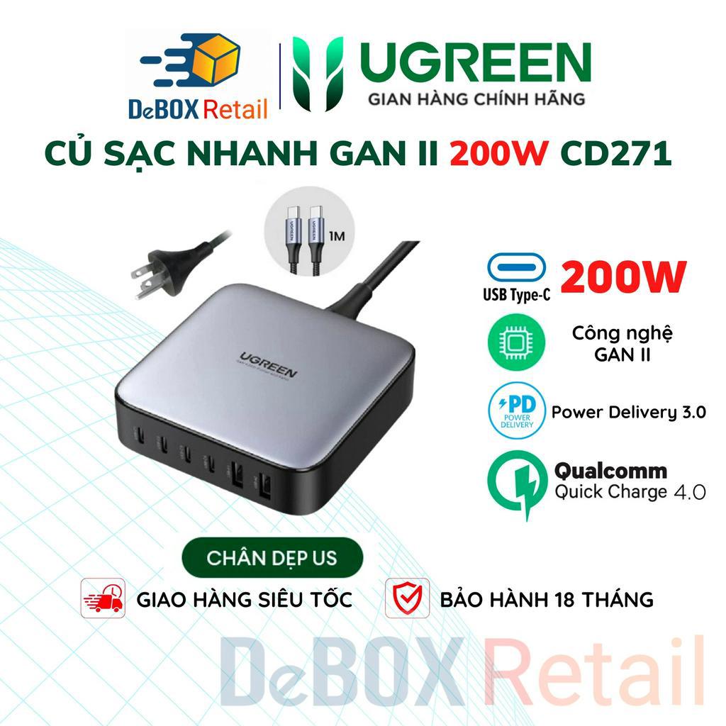 Củ sạc máy tính/ điện thoại UGREEN 200W CD271 Nexode|GaN II |6 cổng sạc nhanh |Free cáp USB C to C|BH 18 tháng 1 đổi 1