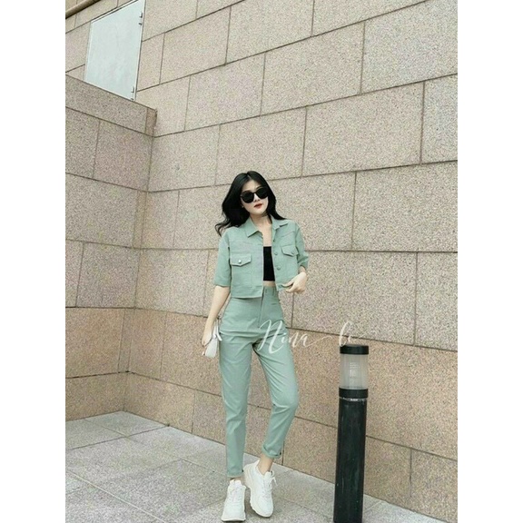 Sét bộ cá tính ống tay áo lửng quần dài 3 màu xanh nâu nhạt và hồng nhạt mặc trẻ trung cá tính