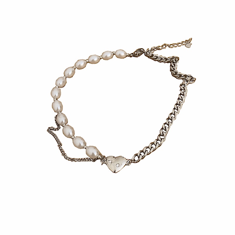 Vòng cổ chuỗi xích hai lớp phối hạt ngọc trai giả mặt trái tim phong cách hip hop 19a1315