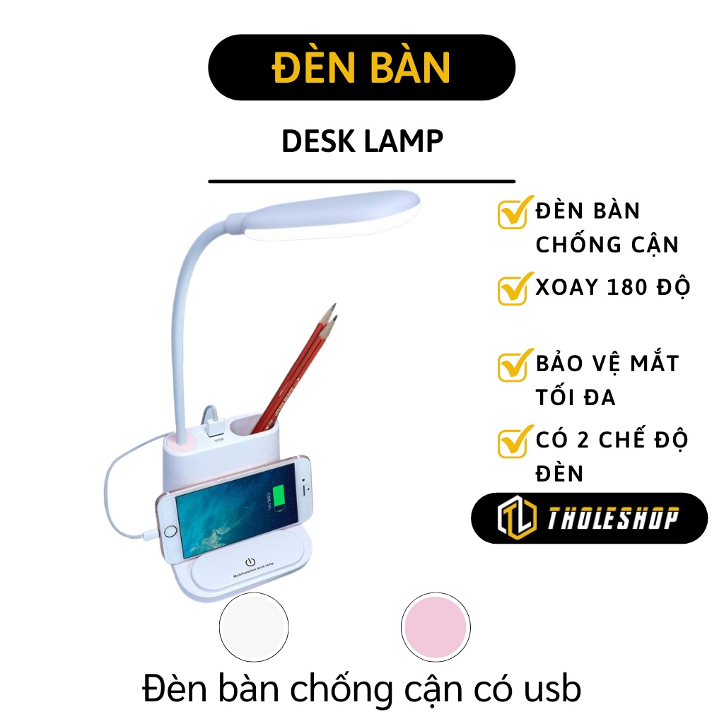 Đèn Học Để Bàn - Đèn Chống Cận Đa Năng 4in1, Khay Đựng Bút, Có USB Cắm Sạc 8504