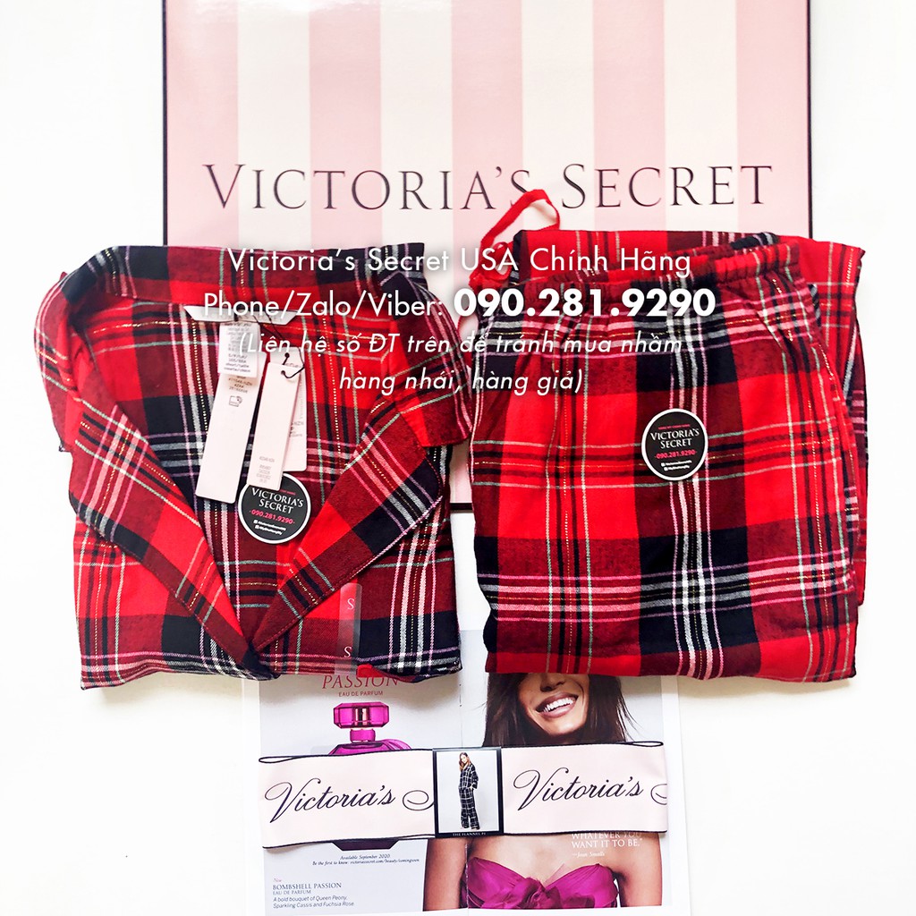 (Sleep S) - Bộ đồ ngủ dài, đỏ caro đen (20), viền lấp lánh, Shimmer Flannel Long, Big Red - Victoria's Secret