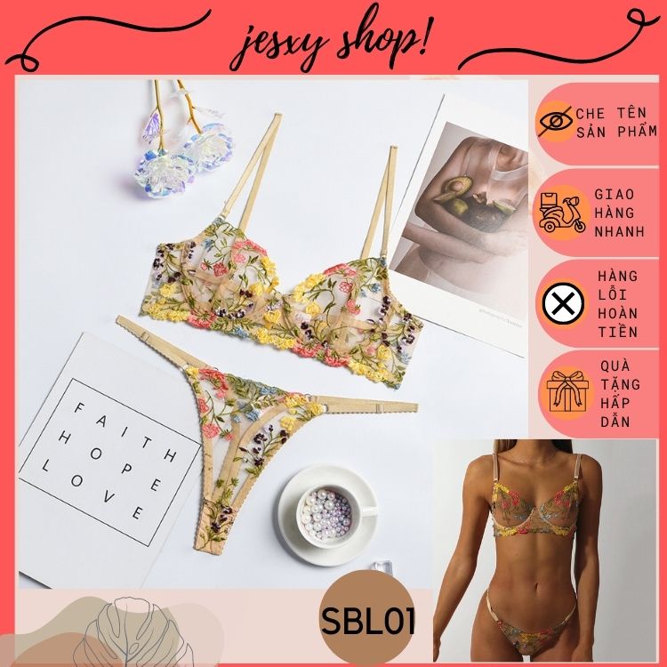 Sét đồ lót ren/ Bralette ren thêu hoa nổi xuyên thấu, nội y ren cao cấp gợi cảm Jesxy Shop