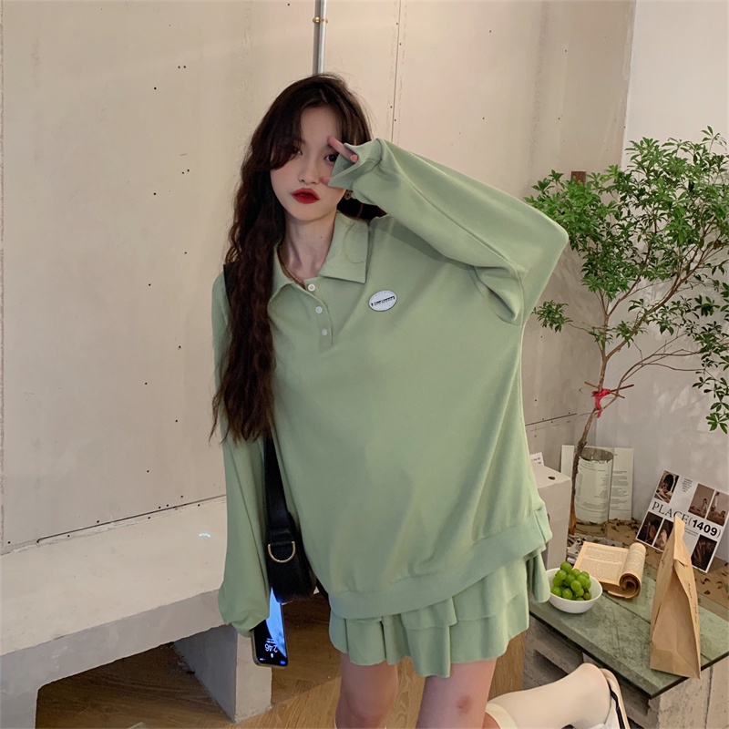 COZOK Set áo Sweater tay dài dáng rộng + chân váy lưng cao thời trang