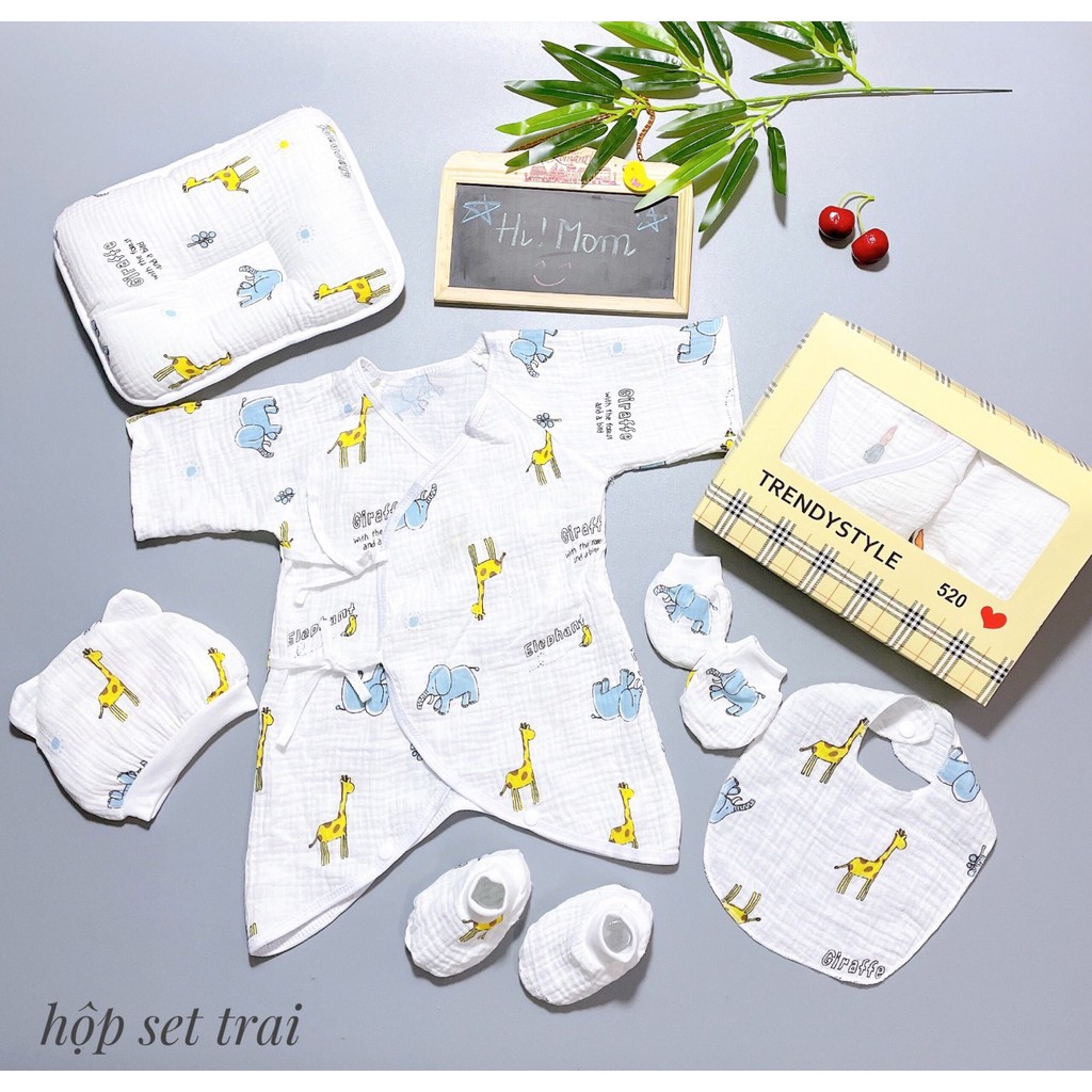 Hộp Bộ Quà Tặng Sáu Món Cho Trẻ Sơ Sinh Chất Vải Xô Cotton Cao Cấp