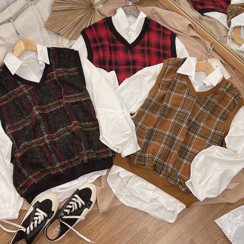 set áo trắng tay phồng kèm ghile