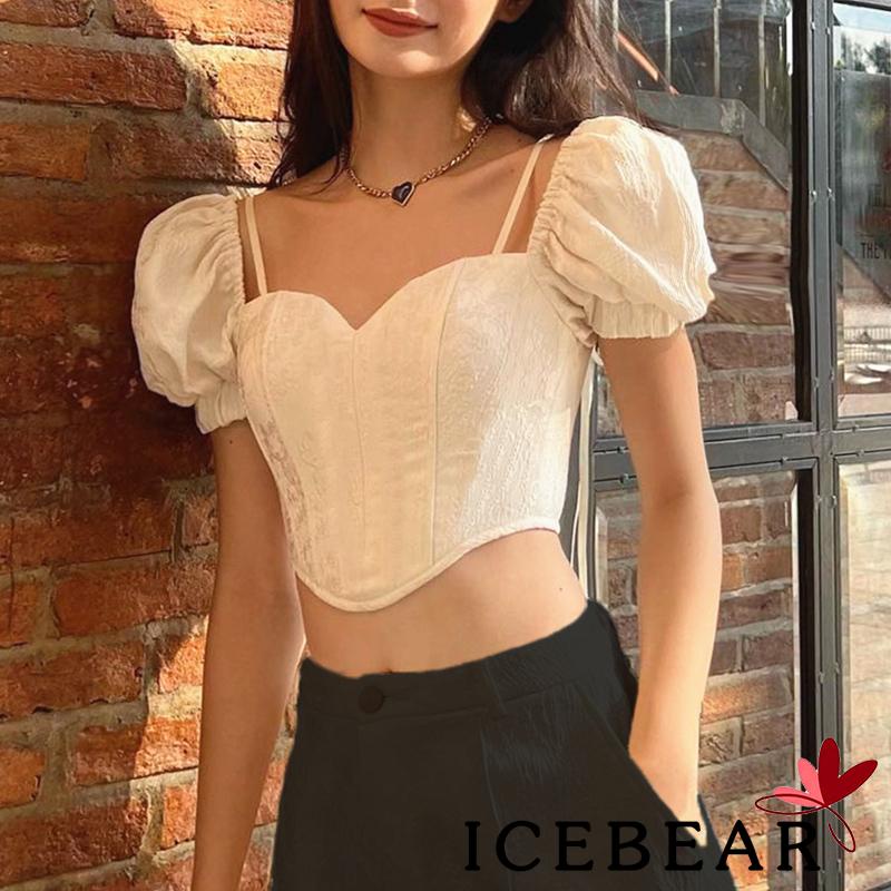 Áo Croptop Tay Phồng Ngắn Cổ Buộc Dây Thời Trang Quyến Rũ Cho Nữ