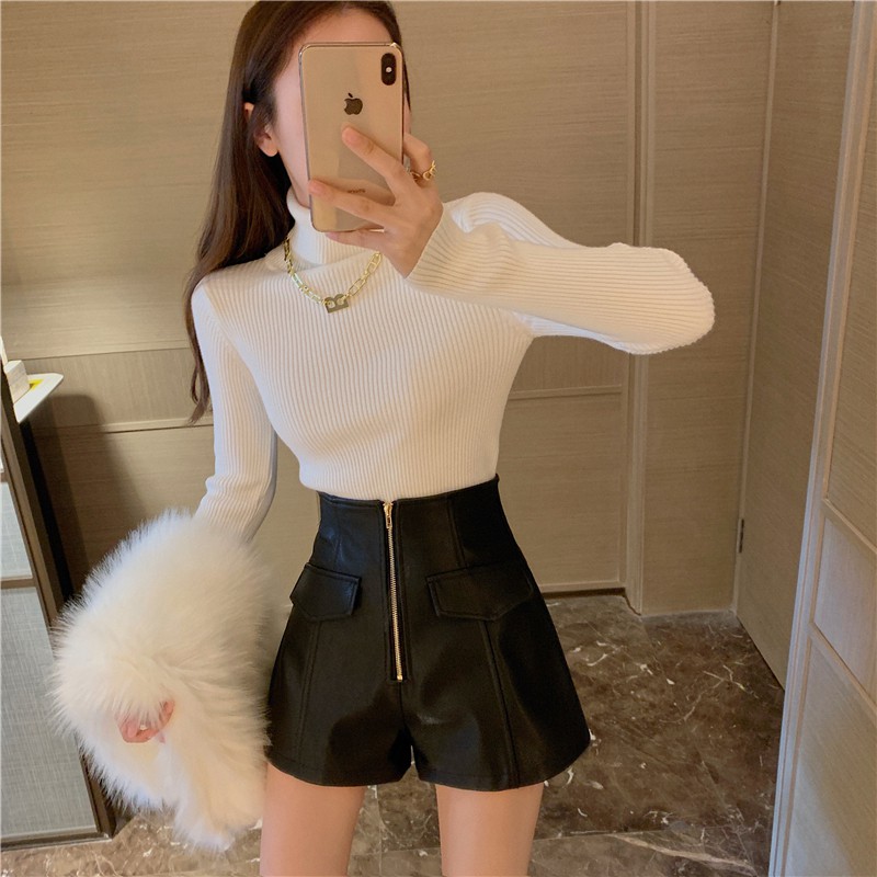 Quần shorts da cạp cao kéo khóa , quần sooc da nữ hàng Quảng Châu