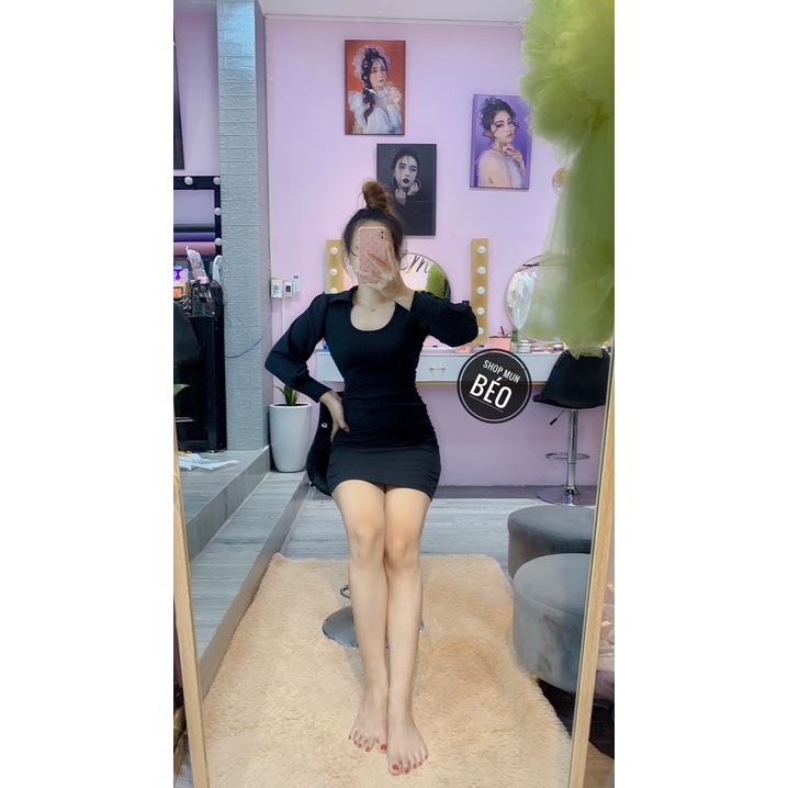 Đầm Body Cổ Trụ U Tay Bo Phồng Chất Thun Co Giãn Thích Hợp Mặc Đi Tiệc Đi Làm Đi Chơi