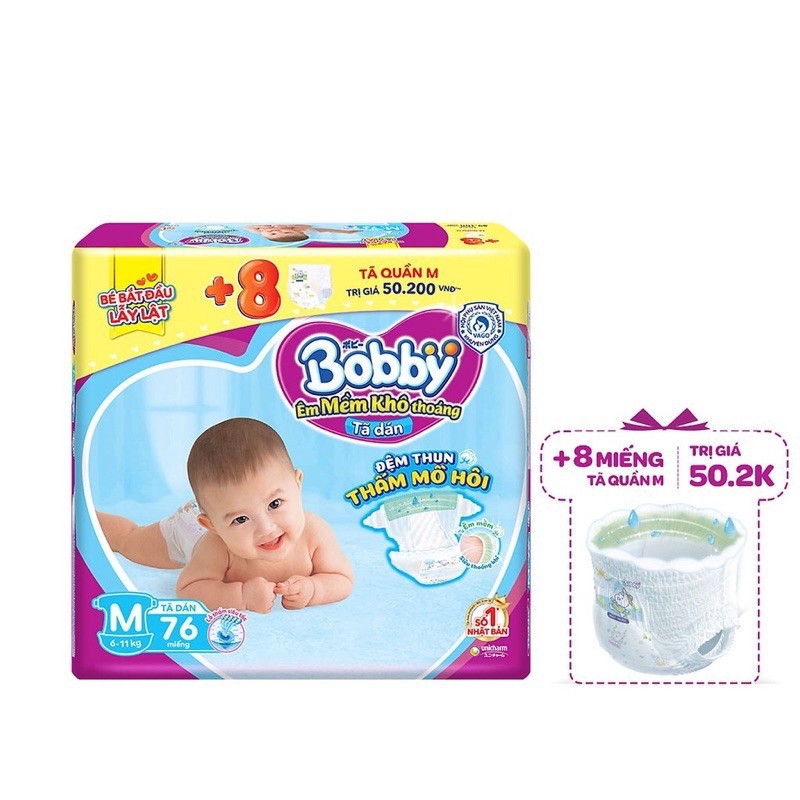 [Bobby thêm miếng].Tã dán sơ sinh Bobby đệm thun thấm mồ hôi size XS 70 (+6)/ S 80(+6) / M76 (+8) miếng