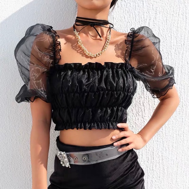 Áo croptop nhún tay phồng phối voan kiếng