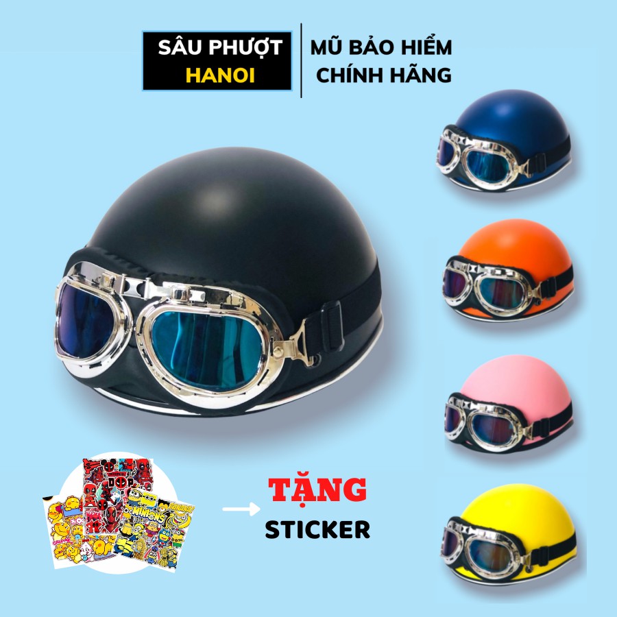 Mũ bảo hiểm nửa đầu 1/2 chính hãng màu trơn kèm kính UV kính phi công, nón bảo hiểm 1 phần 2 freesize - Sâu Phượt Hanoi