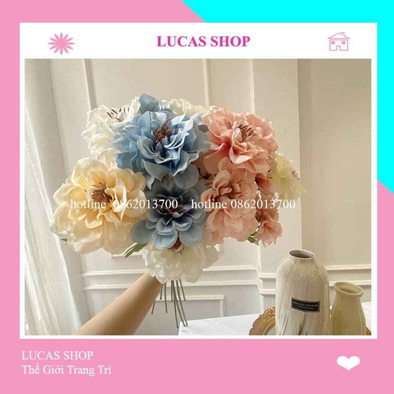 Hoa Giả- Hoa Cúc Thược Dược 65cm Cành 3 Bông Cao Cấp, Decor Nhà Cửa, Studio...