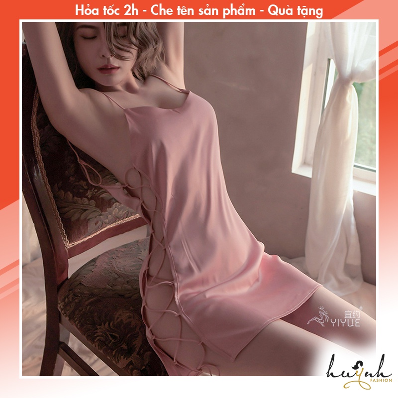 Váy Ngủ Lụa Hai Dây Hở Sườn Kiểu Tà Trước Sau Dây Đan Hông Gợi Cảm - N56