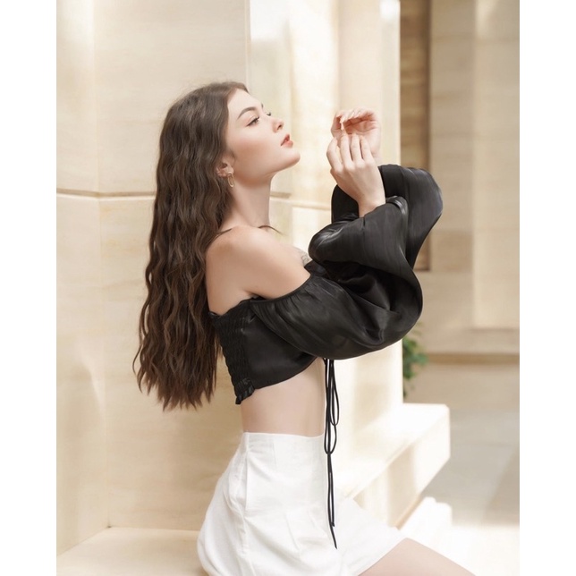 ELE Studios- Áo thiết kế nữ tông dáng lụa thuỷ tinh cao cấp màu đen tay bồng LUSTER thanh lịch, sexy