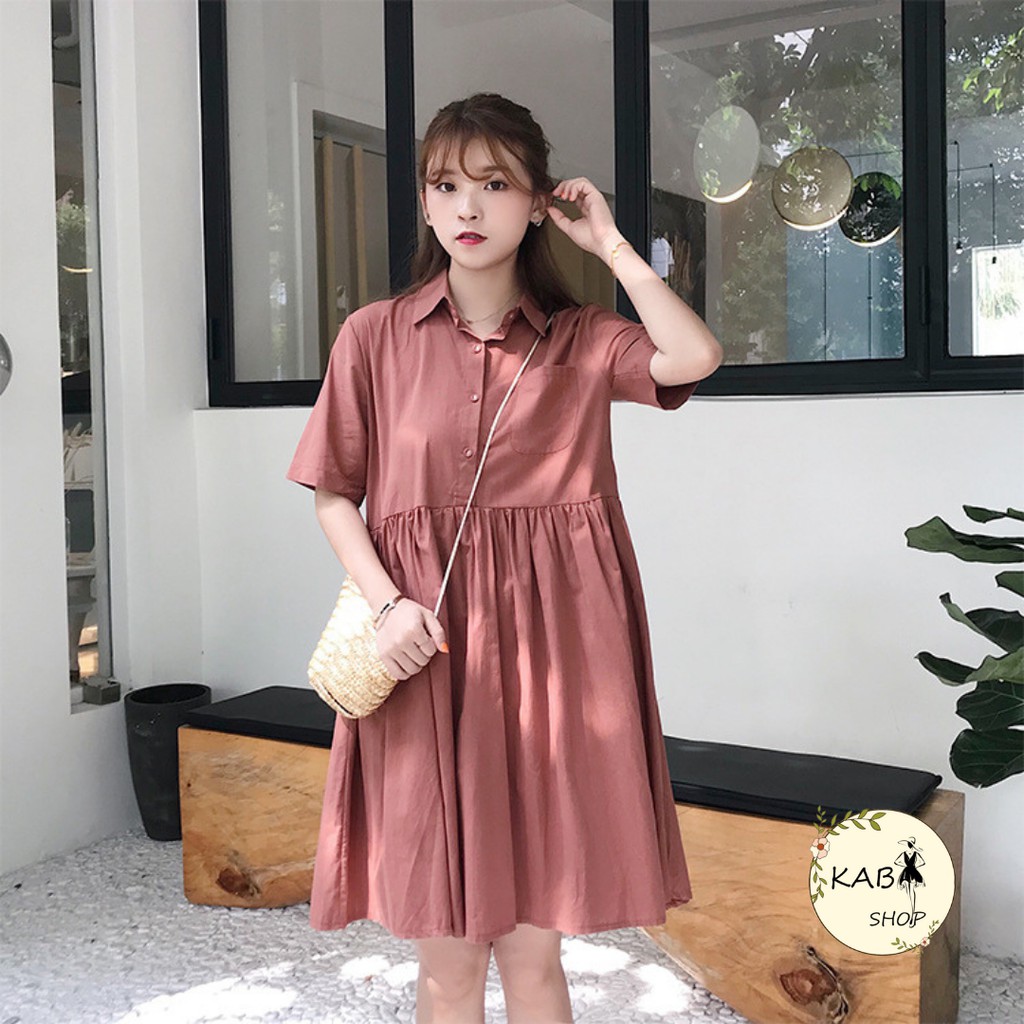 Váy babydoll Váy ULZZANG sơ mi cổ bẻ Hồng, Trắng thời trang 2021