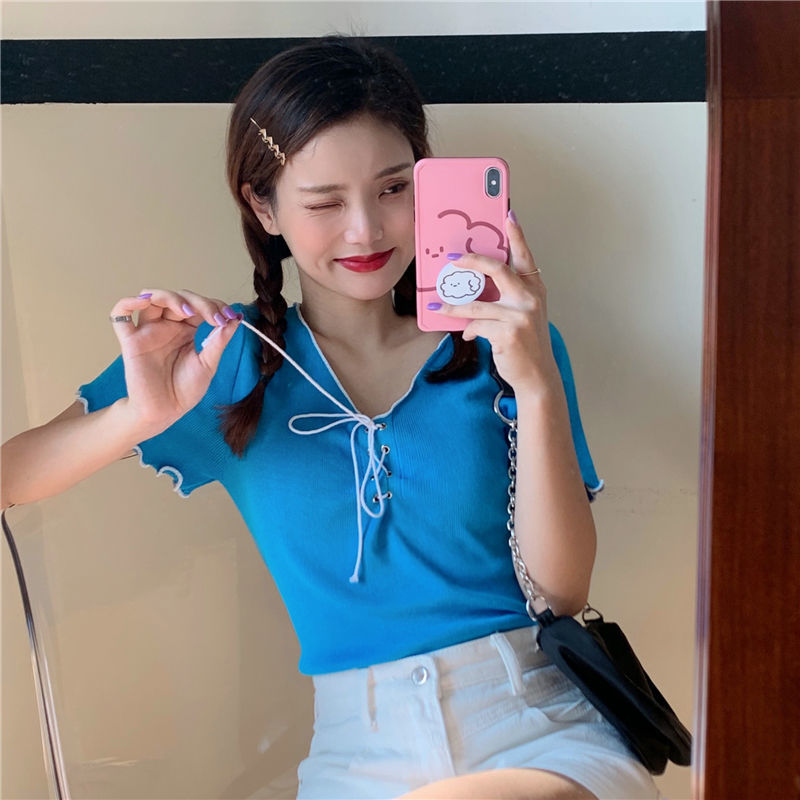 Áo nữ BH dệt kim tay ngắn phối dây thời trang